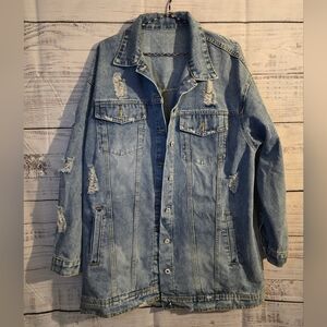 Shein distressed blue jean jacket longsleeve buttonup womans size 1XL plus.